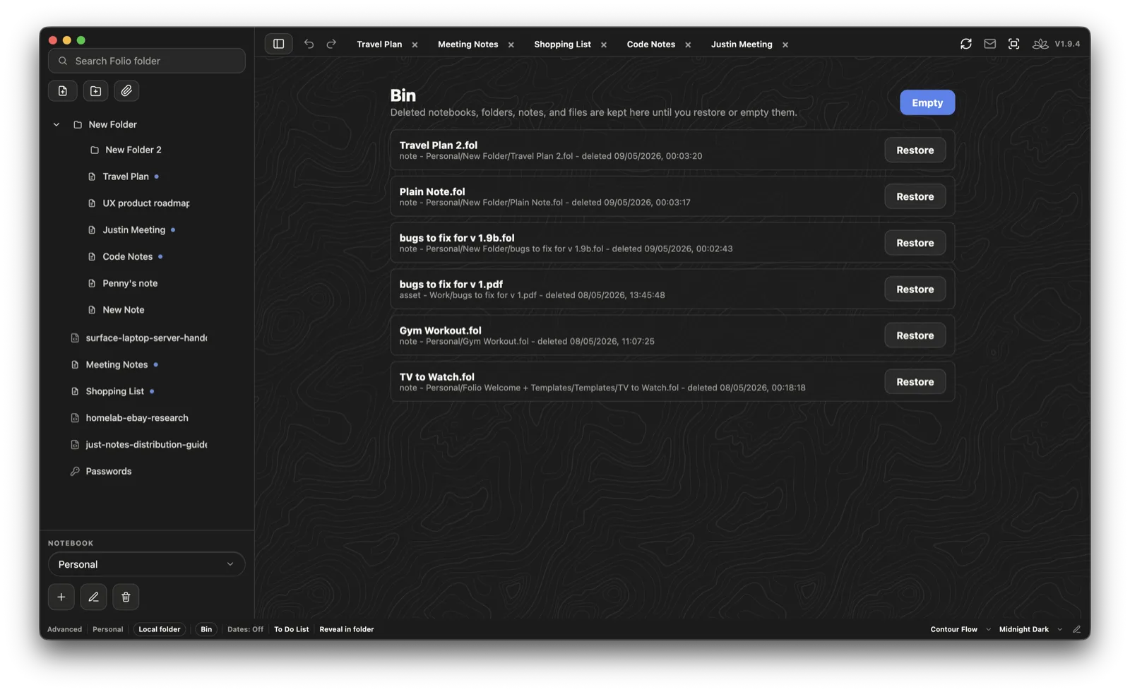 Folio bin view in Midnight Dark, showing deleted notes and files with Restore buttons.