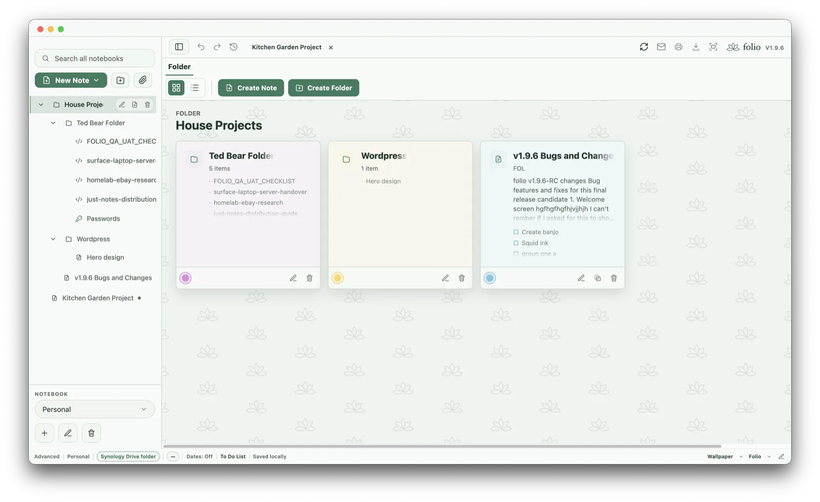 Folio folder view showing post-it style cards for folders and notes, with faded note previews, task previews and colour markers.