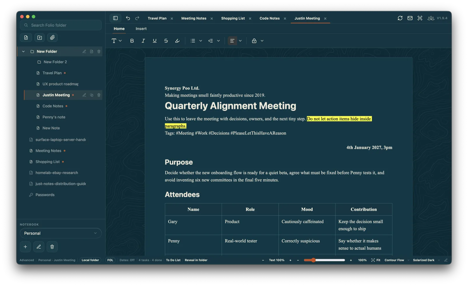 A meeting note open in Folio using the Solarized Dark theme with tags, tables and highlighted action guidance.