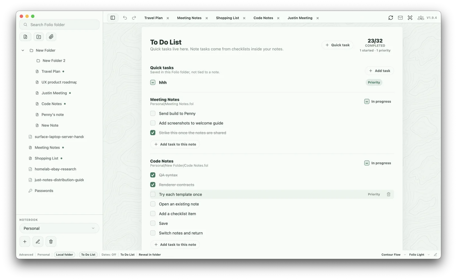 Folio global To Do List showing quick tasks and checklist tasks collected from notes.